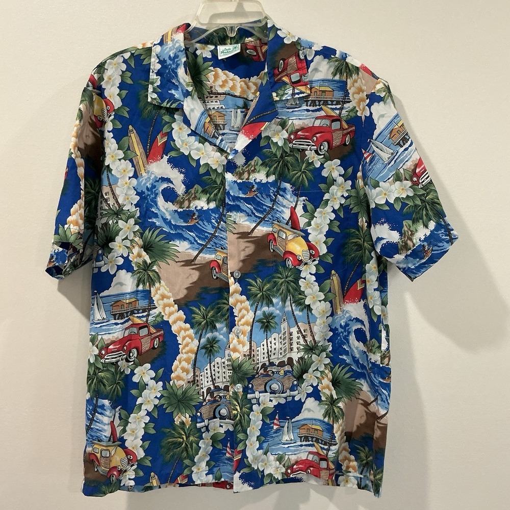 Vintage Jade Fashions Hawaiian Shirt Mens XL‎ Surfers Cars Tropical Made In USA